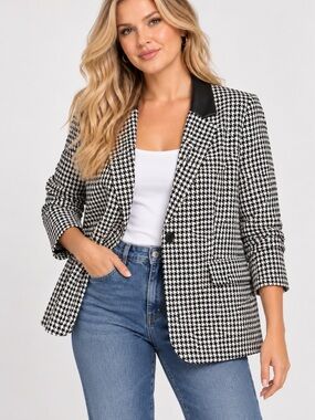 Lane Bryant The Bryant Blazer Houndstooth Faux Leather Collar Black White Size18